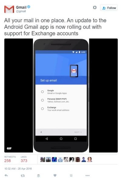 Gmail supports Exchange for Android