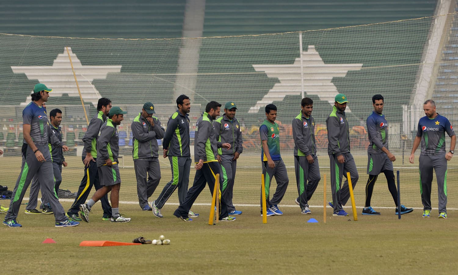 Pakistani cricketers practice during a camp for the Pakistan Super League (PSL) in Lahore on December 22, 2015. The first edition of the PSL Twenty20 league will be held in Dubai and Sharjah from February 4. Five teams from Karachi, Islamabad, Quetta, Lahore and Peshawar will compete in the league, designed on the lines of the Indian Premier League and Australia's Big Bash. AFP PHOTO / Arif ALI