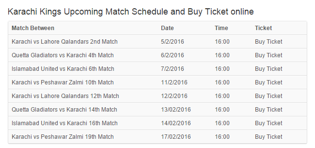 Upcoming match schedule for Karachi Kings PSL 2016