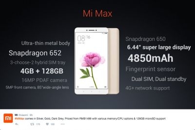 Xiaomi tweeted promotional pictures of its new Mi Max smartphone upon its launch on May 10.