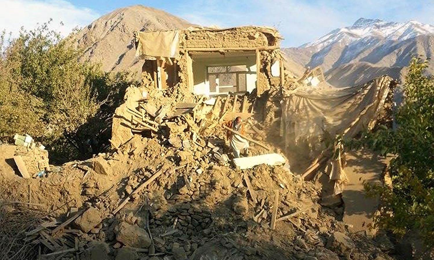 Afghan residents examine a damaged house after an earthquake in Raman Kheel village in the Panjshir valley on October 26, 2015. A powerful 7.5 magnitude earthquake killed at least 70 people as it rocked south Asia on October 26, including 12 Afghan girls crushed to death in a stampede as they tried to flee their collapsing school.  AFP PHOTO