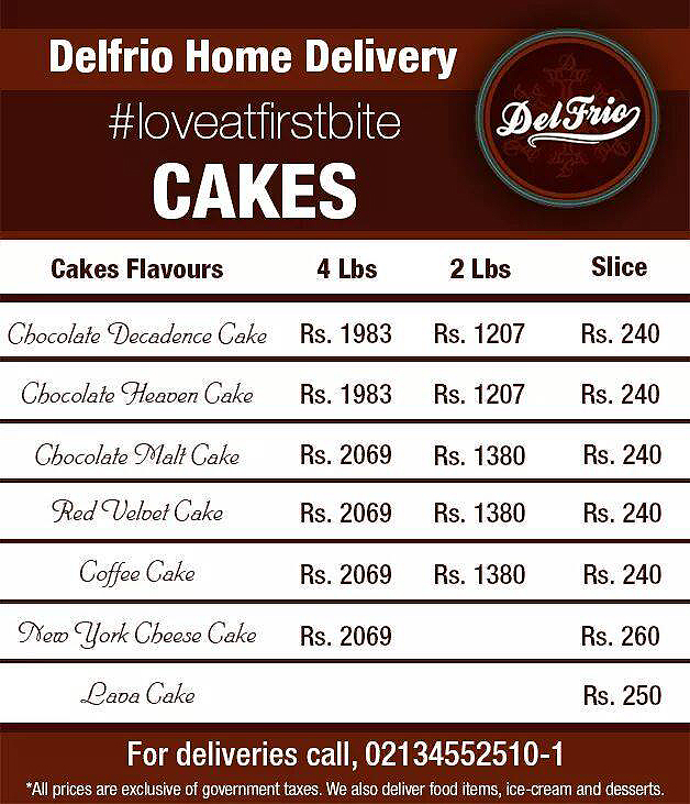 s Cakes Home Delivery Menu for Karachi