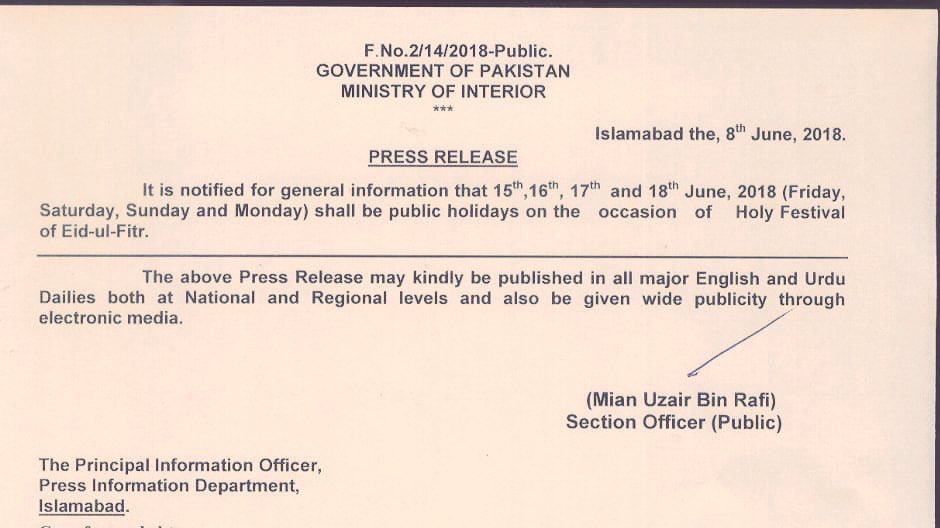 Four Day Eid-ul-Fitr 2018 Holidays Announced by Government 