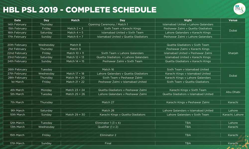 PSL 2019 Schedule
