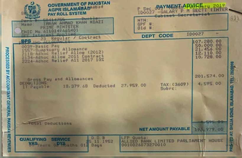 IMran Khan salary slip