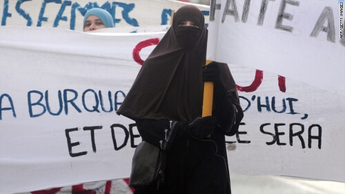 A woman protesting against the burqa ban in France