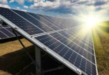 An array of solar panels convert sunlight to electricity.