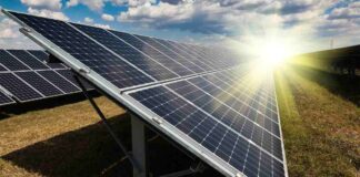 An array of solar panels convert sunlight to electricity.