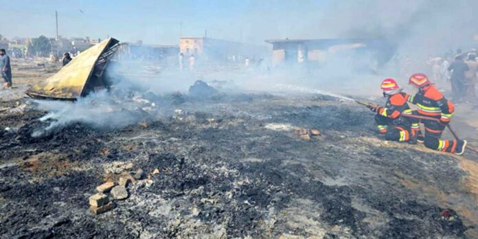 Fire Destroys Shops at Landa Bazaar in Sadiqabad