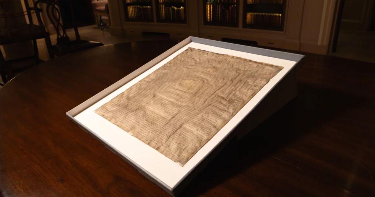 A copy of the 1300 version of the Magna Carta on display at the Harvard Law School.