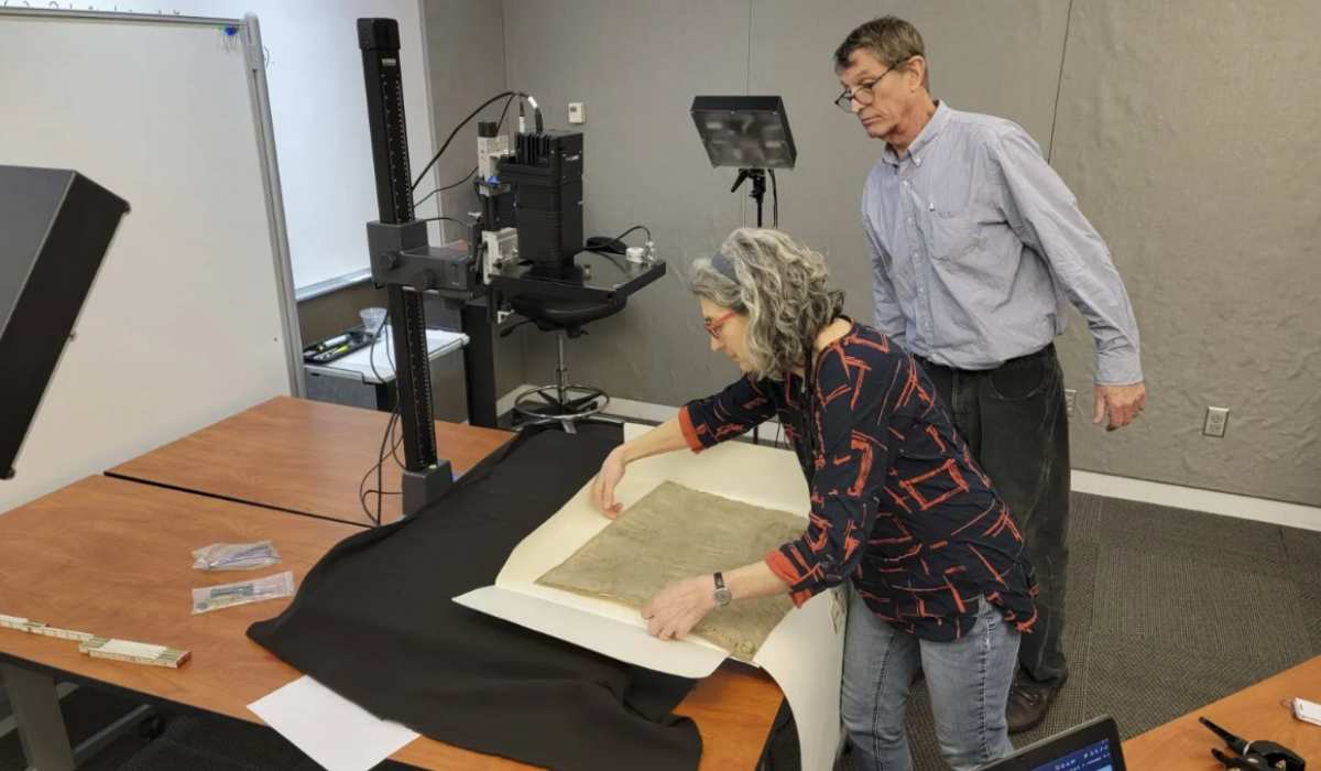 Researchers using imaging technology on a copy of the Magna Carta