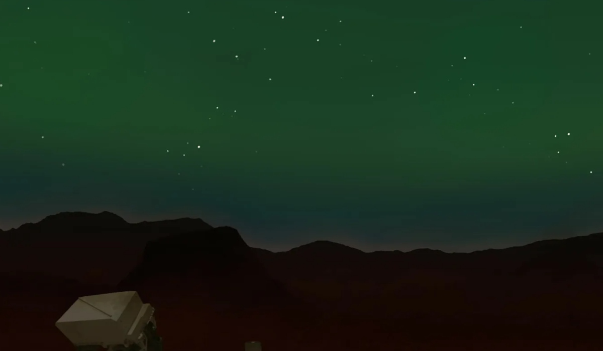 Martian auroras may appear to future astronauts as a faint, green glow that hangs low in the night sky, as shown in this illustration.