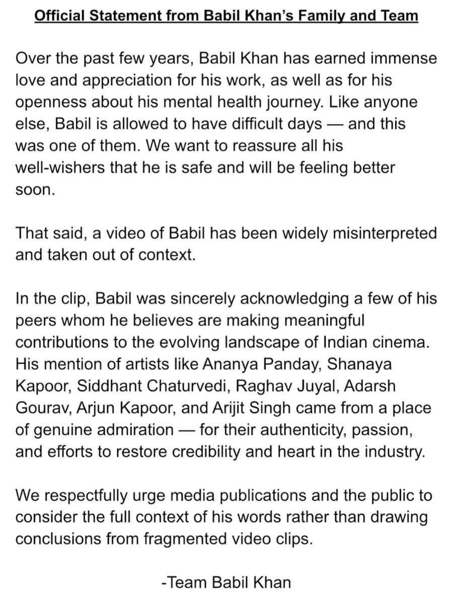 Babil Khan’s Family Releases Statement