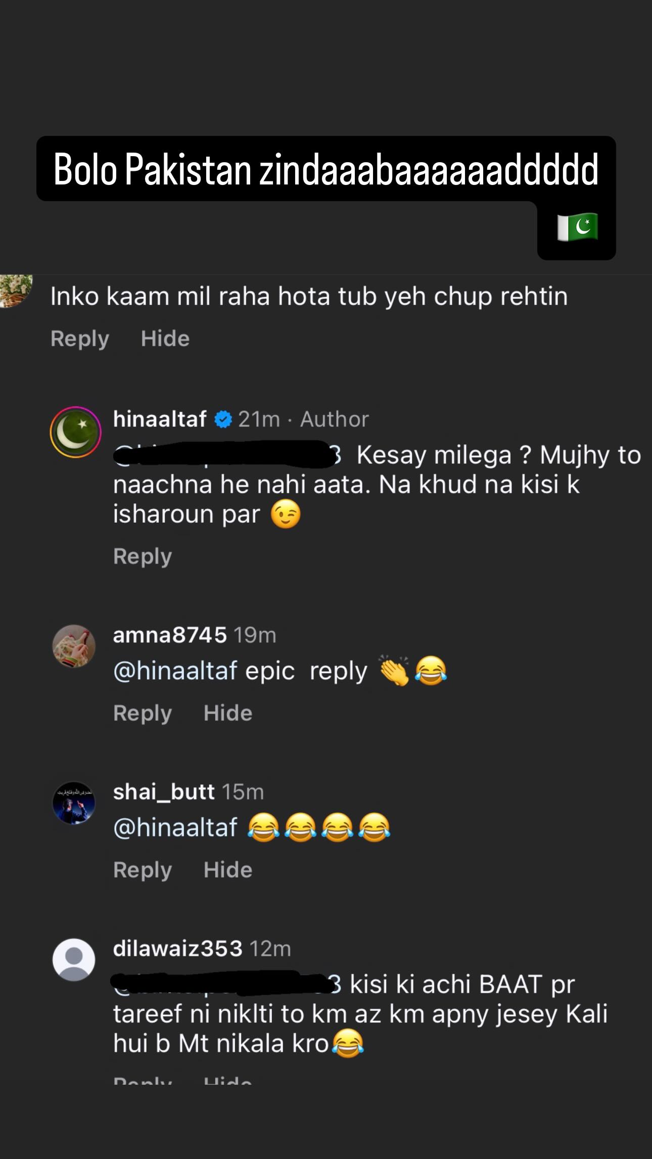 Social Media Comments on Hina Altaf's Post