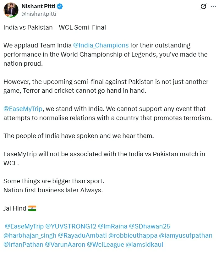 easemytrip-backs-out-of-india-pakistan-wcl-2025-semi-final