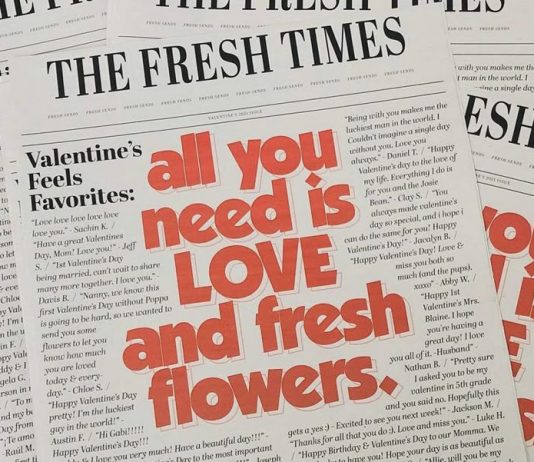 Ditch the Dinner Date: Here’s How Karachi Girls Are Celebrating Valentine’s This Year A top-down view of several stacked newspaper front pages titled "The Fresh Times". The headlines are written in large, bold red letters and read, "all you need is LOVE and fresh flowers." The surrounding text consists of small, formatted Valentine's Day messages and quotes.