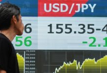 A financial monitor in Tokyo showing the US dollar to Japanese yen exchange rate (USD/JPY) and live foreign exchange market movements.