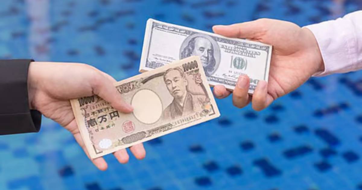 Conceptual illustration of a foreign exchange currency transaction swapping US dollars and Japanese yen.